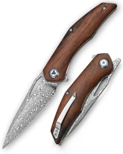 Trivisa Front Flipper Taurus-01i Folding Knife Ironwood Handle Damascus Plain Edge