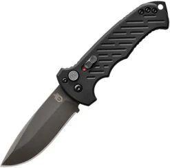 Gerber 06 Button Lock Auto Knife Black Aluminum Handle 30V Drop Point Plain Black Blade 30-001295N