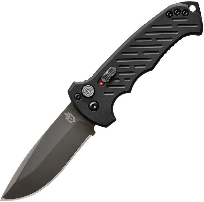 Gerber 06 Button Lock Auto Knife Black Aluminum Handle 30V Drop Point Plain Black Blade 30-001295N 1 Gerber 06 Button Lock Auto Knife Black Aluminum Handle 30V Drop Point Plain Black Blade 30-001295N