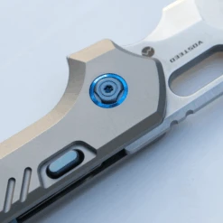 WMK Exclusive Vosteed RSKAOS Folding Knife Gray Titanium Handle W/ Blue Hardware Elmax Wharncliffe Blade -White Mountain Knives A0905 RSKAOS Elmax Satin Wharncliffe Blade Titanium Handle 5 03775.1699972964.1280.1280 44224.1702494744