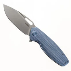 Kubey Tityus Folding Knife Blue Textured Titanium Handle 14C28N Drop Point KB360F