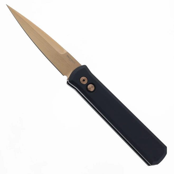 Pro-Tech Godfather Auto Knife Black Aluminum Handle 154CM Spear Point Plain Rose Gold Blade 921-RG 1 Pro-Tech Godfather Auto Knife Black Aluminum Handle 154CM Spear Point Plain Rose Gold Blade 921-RG