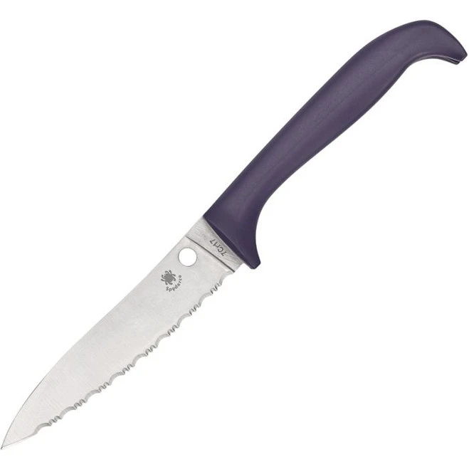 Spyderco Serrated Kitchen Knife Purple Plastic Handle Satin 7Cr17MoV Blade K20SPR 1 Spyderco Serrated Kitchen Knife Purple Plastic Handle Satin 7Cr17MoV Blade K20SPR