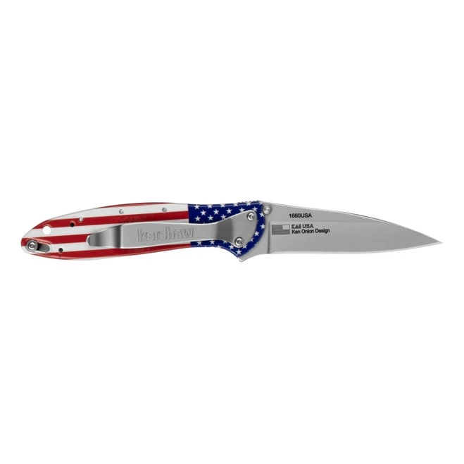 Kershaw Leek Folding Knife USA Flag Aluminum Handle 14C28N Drop Point Plain Edge Bead Blast Finish 1660USA 2 Kershaw Leek Folding Knife USA Flag Aluminum Handle 14C28N Drop Point Plain Edge Bead Blast Finish 1660USA - Image 2